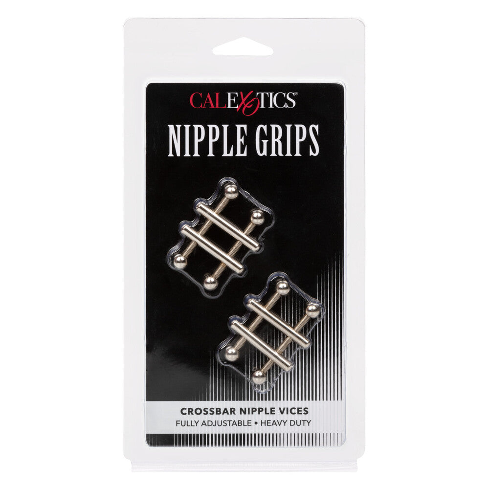 California Exotic nipple grips crossbar vices, shiny silver-tone metal with black rubber grips for clamping.