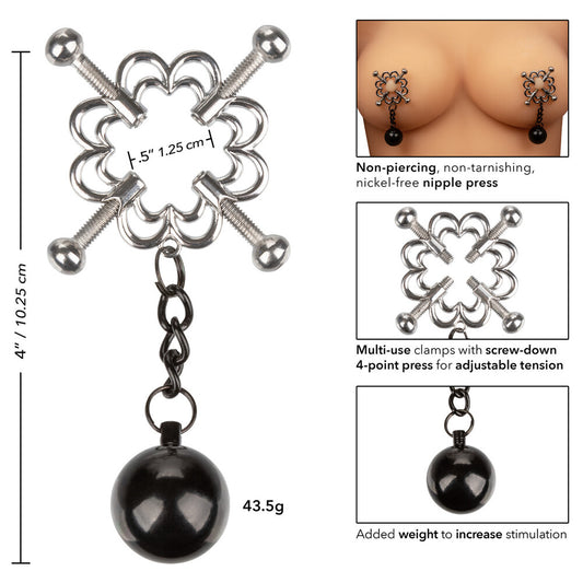 Weighted four-point nipple press with black adjustable clamps, a sensual pleasure aid.
