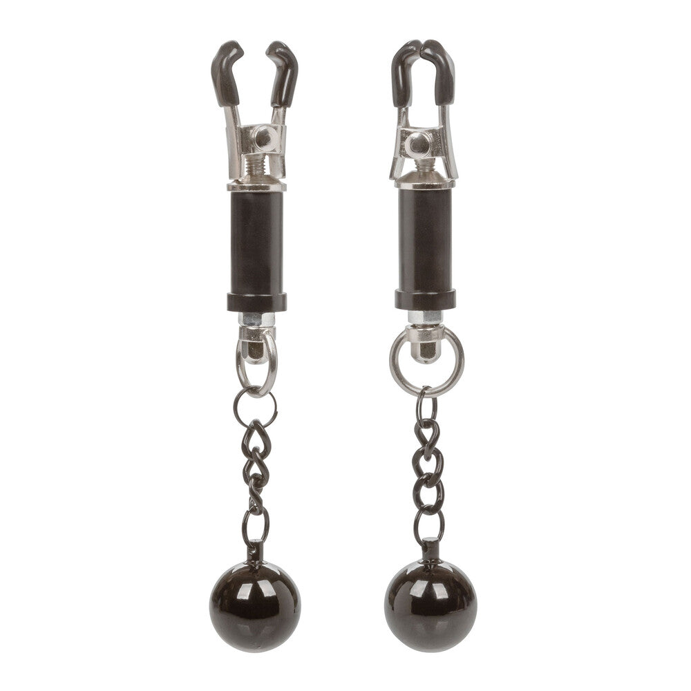 Weighted twist nipple clamps, body jewellery with a polished metal finish, for playful experimentation.