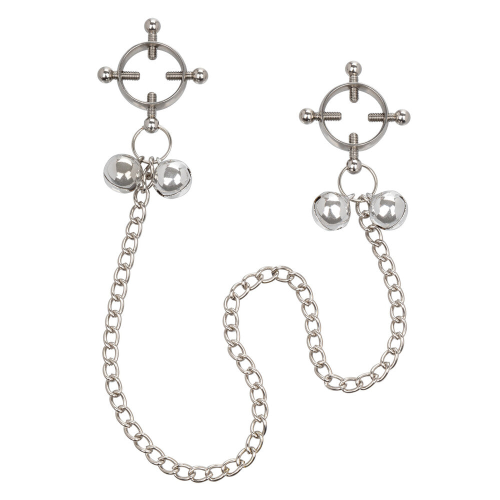 california exotic nipple grips: four-point nipple press with bells, silver metal finish
