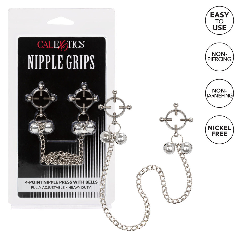california exotic nipple grips with four pressure points and attached bells, silvery metal finish.