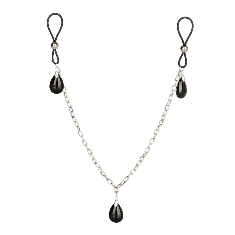 Onyx nipple chain jewellery, non piercing body jewellery for nipple play, close up.