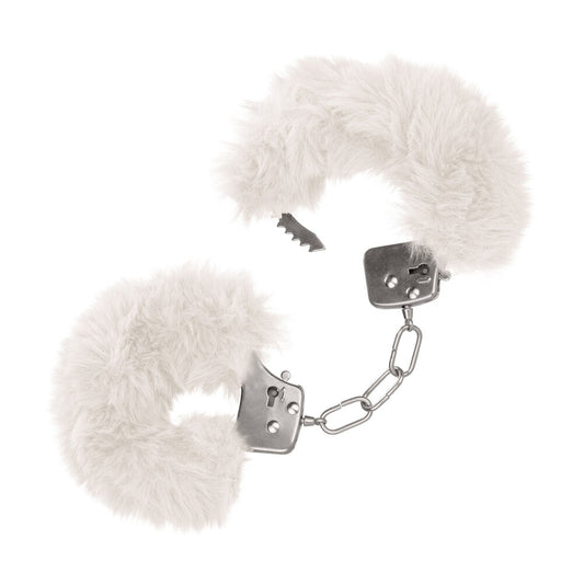 White furry handcuffs from california exotic, ultra fluffy and playful bedroom accessory.