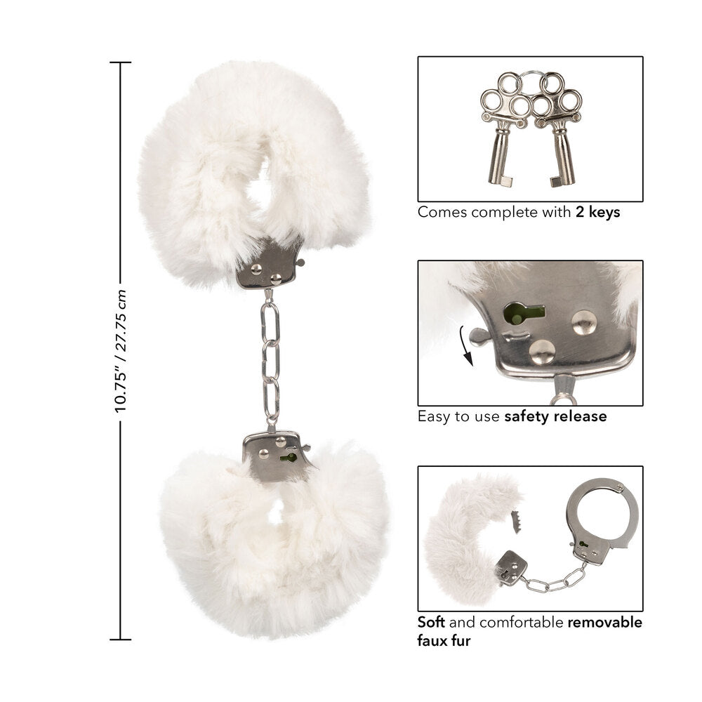 ultra fluffy furry handcuffs in white from california exotic, a playful bedroom accessory.