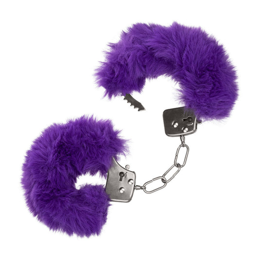 Purple, ultra fluffy faux fur handcuffs, a playful bedroom accessory from California Exotic.