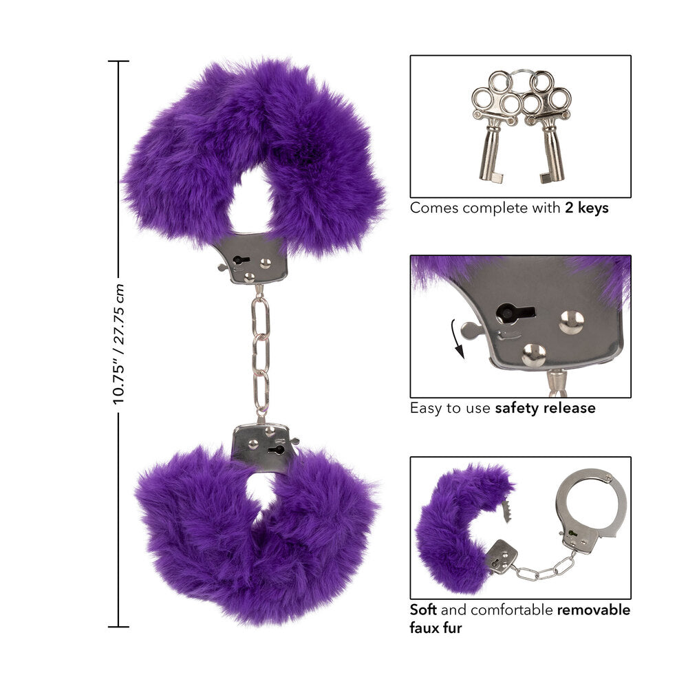 ultra fluffy purple furry cuffs, a pair of novelty fetish restraints, hand accessory.