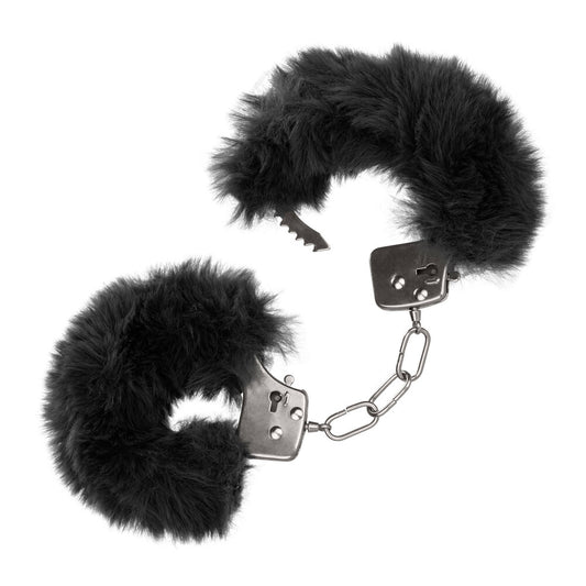 Close-up of California Exotic ultra fluffy furry handcuffs in black, a playful bedroom accessory.