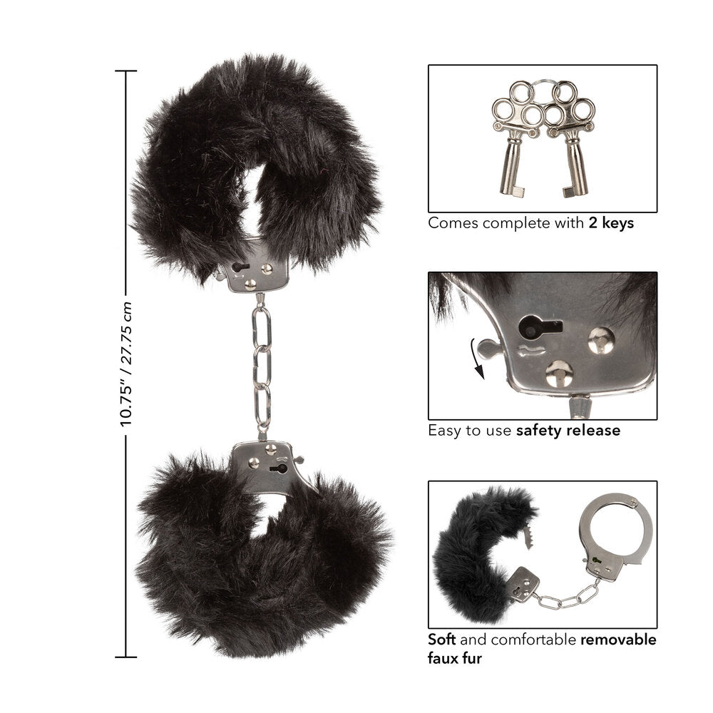 close-up of ultra fluffy furry handcuffs in black, adding a touch of playful restraint