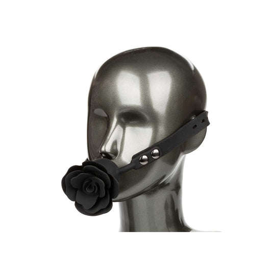 A black, removable rose gag from California Exotic, part of the Gags and Bits collection.