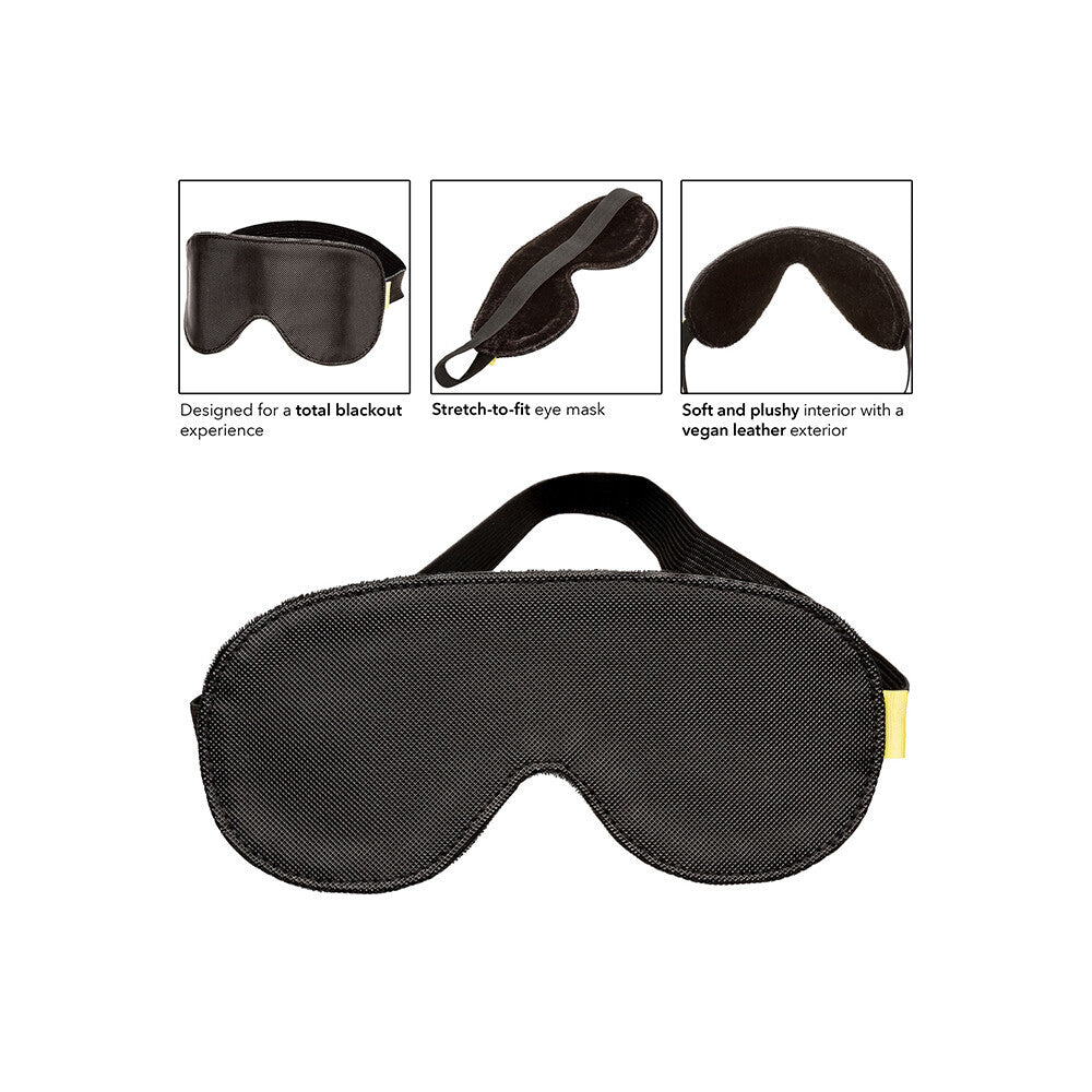 Close-up of a soft, black blackout eye mask for restful sleep, by California Exotic.