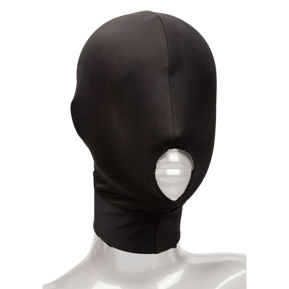 Boundless open mouth bondage hood in black, made by california exotic, for roleplay fun.