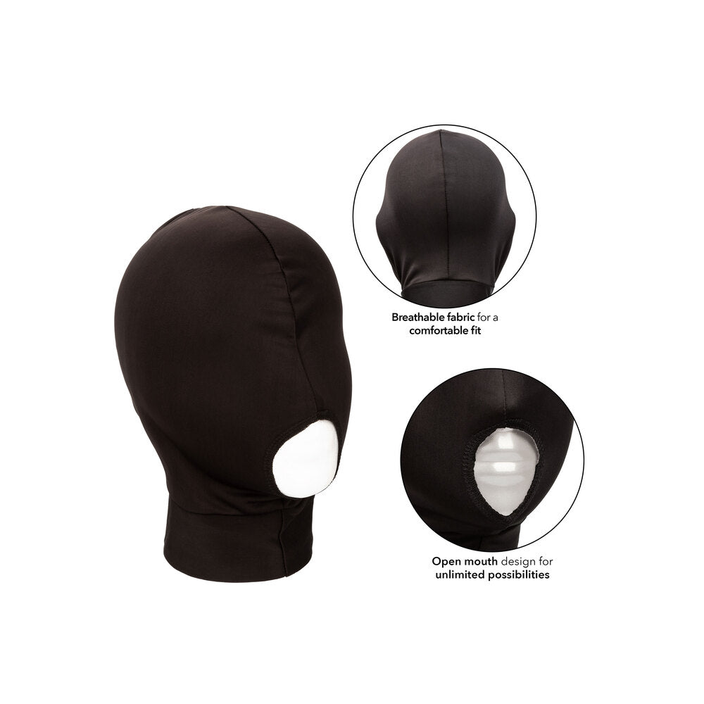 California Exotic boundless open mouth hood for bondage play, rendered in black material.