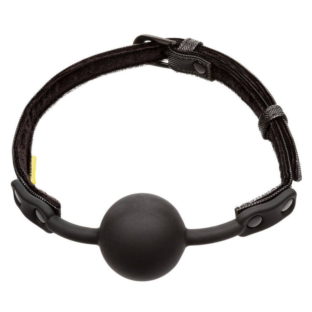 Black rubber ball gag from California Exotic, a kinky sex toy for bondage.