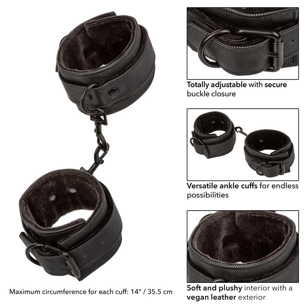 California Exotic boundless ankle cuffs, black faux leather restraints for bedroom fun.