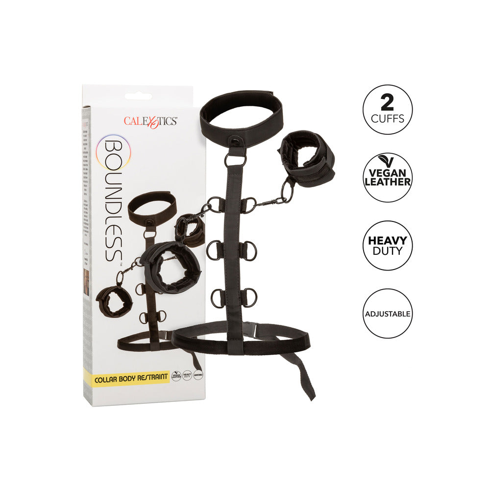 California Exotic Boundless Collar body restraint, black leather with silver metal fastenings for bondage play.