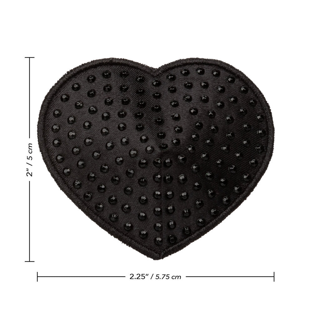 Radiance black heart pasties, shimmering finish, California Exotic accessories for a touch of cheeky glamour.