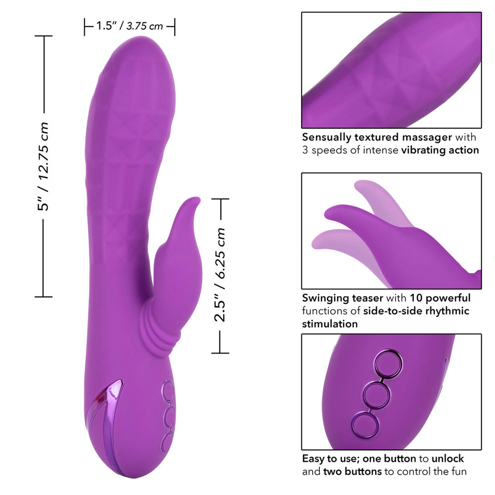 Purple clitoral vibrator with a curved shaft and textured stimulator, rechargeable for pleasure.