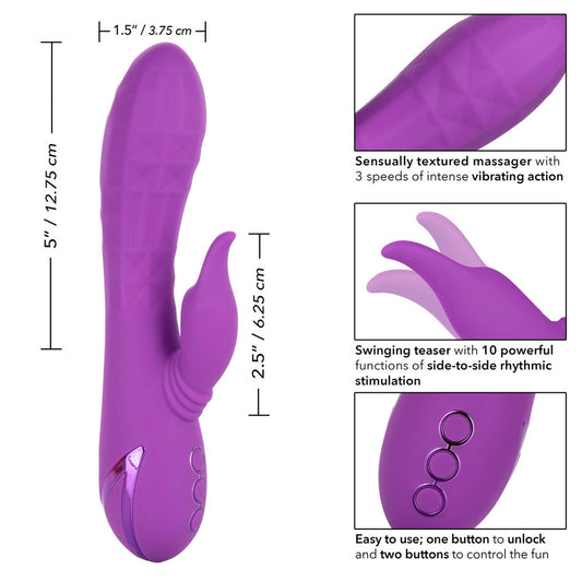 Purple clitoral vibrator with a curved shaft and textured stimulator, rechargeable for pleasure.