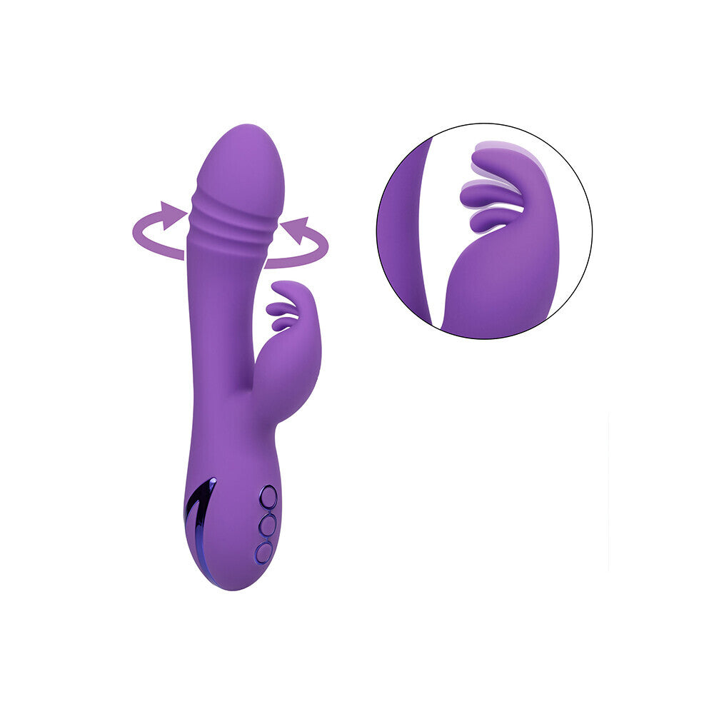 Teal and white vibrator with clitoral stimulator attachment, perfect for solo pleasure and exploration.