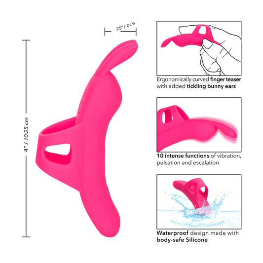 The neon pink 'flirty vibe' finger vibrator from California Exotic, a cheeky little teaser.