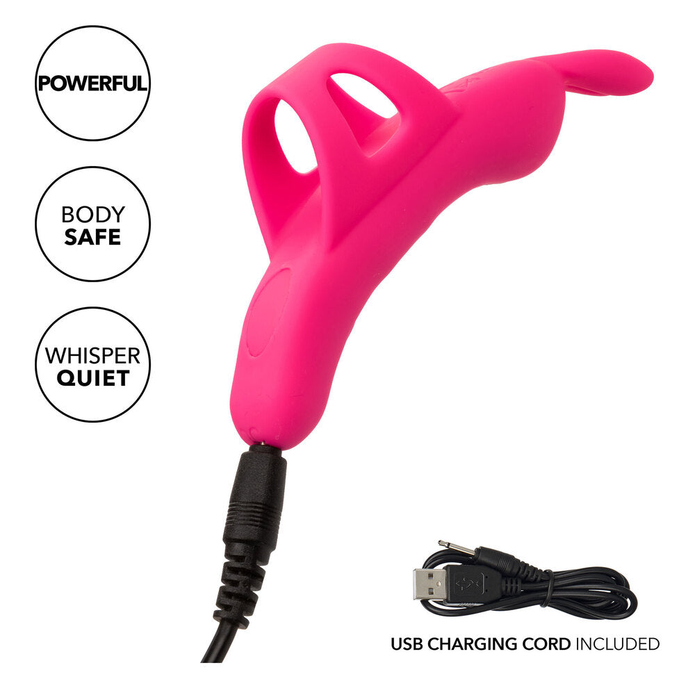 Neon pink California Exotic finger vibe, a flirty and fun textured personal massager.
