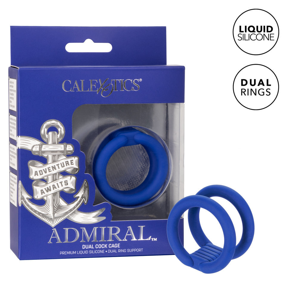 The admiral dual cock cage, love ring in polished silver-tone metal for intimate play.
