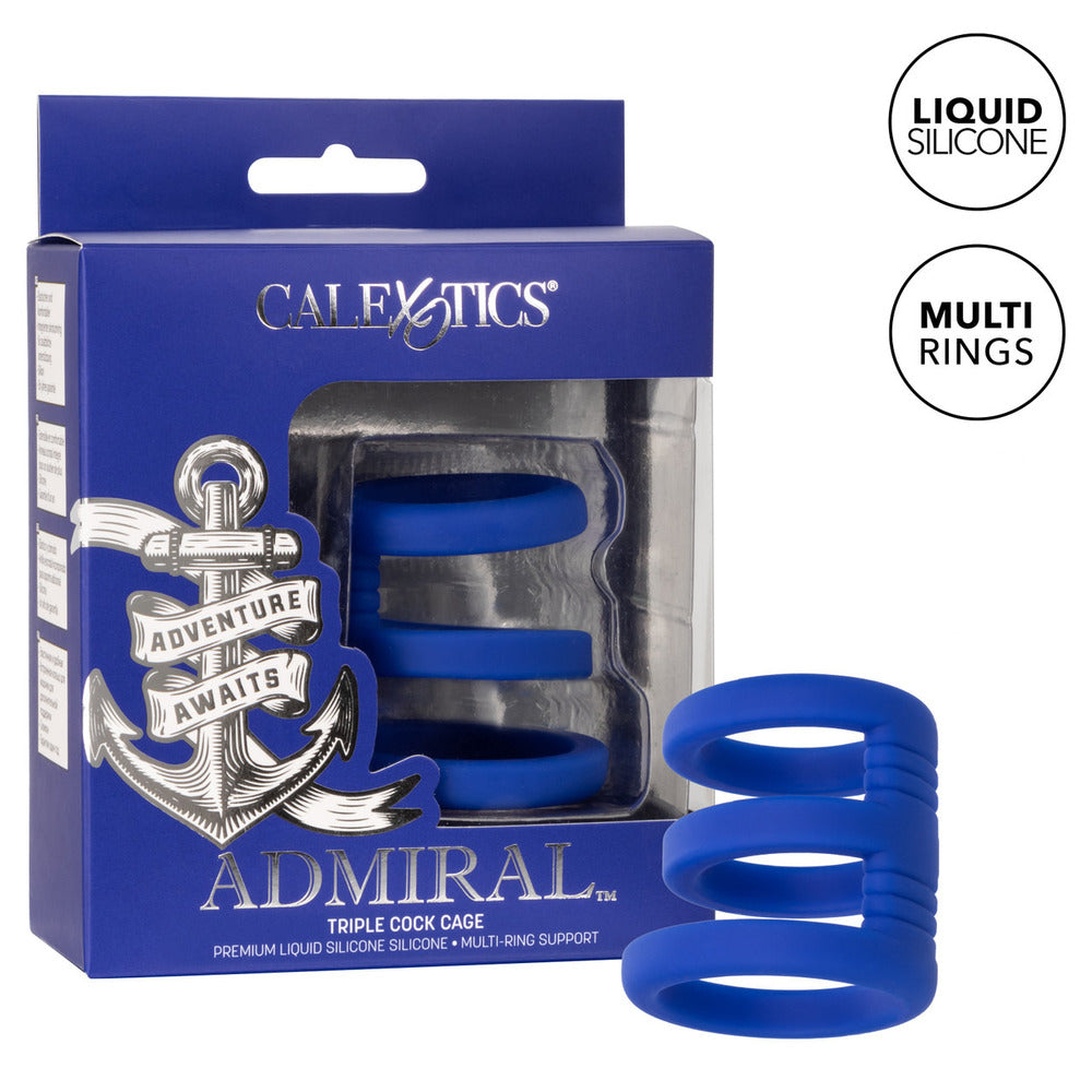 California Exotic Admiral triple cock cage, shiny silver metal love ring for restraint.