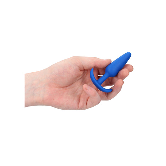 Beginner's size slim blue butt plug by Shots Toys, a smooth, discreet pleasure toy.