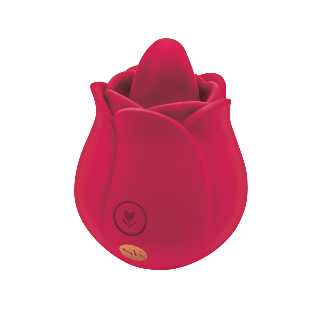 Secret Kisses Rosegasm clitoral vibrator in a rose bouquet shape, vibrant pink silicone finish.