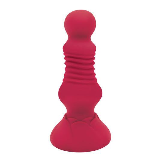 Vibrating rosebud butt plug in a blush pink shade, designed for remote thrusting pleasure.