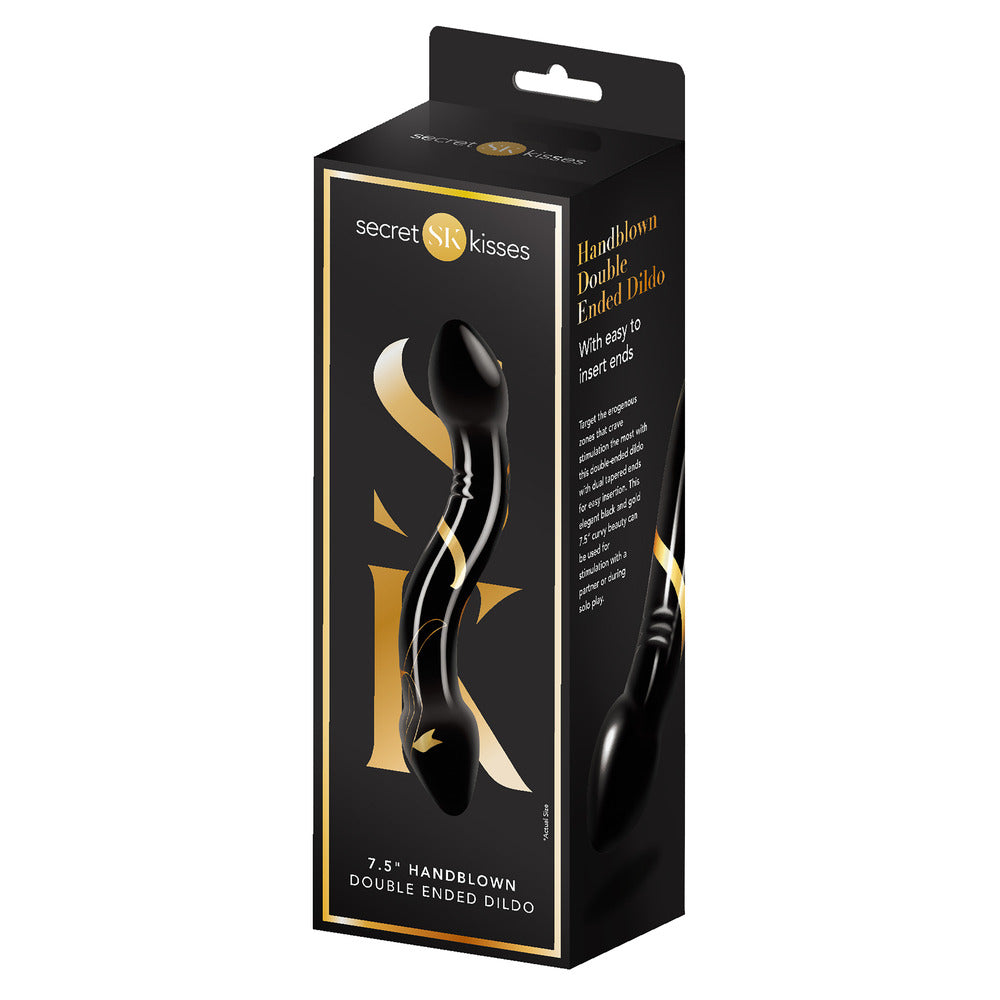 Secret Kisses double ended dildo, 7.5 inches, made of clear glass with a smooth finish.