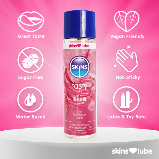 Skins juicy bubblegum blast lubricant in a pink bottle, part of the flavoured lubricants range.