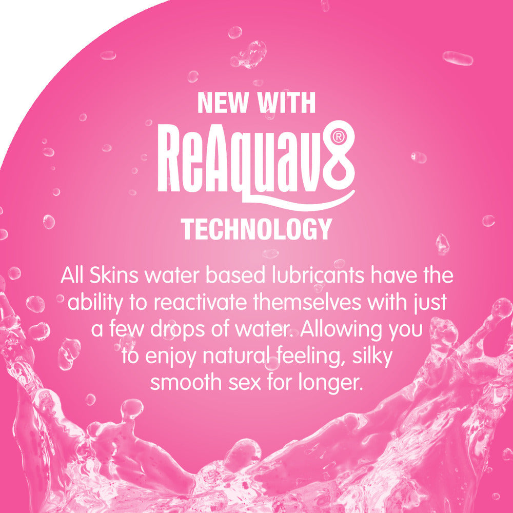 Skins juicy bubblegum blast water-based lubricant in a bright pink bottle, 130ml size.