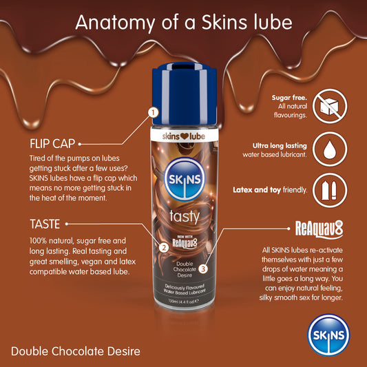 Bottle of skins double chocolate desire lubricant, rich brown colour for intimate pleasure.