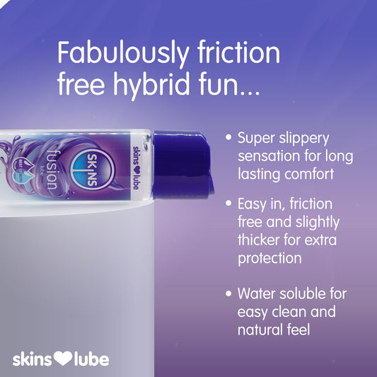 Skins Fusion lubricant in a white and orange bottle, silicone and water-based for pleasure.
