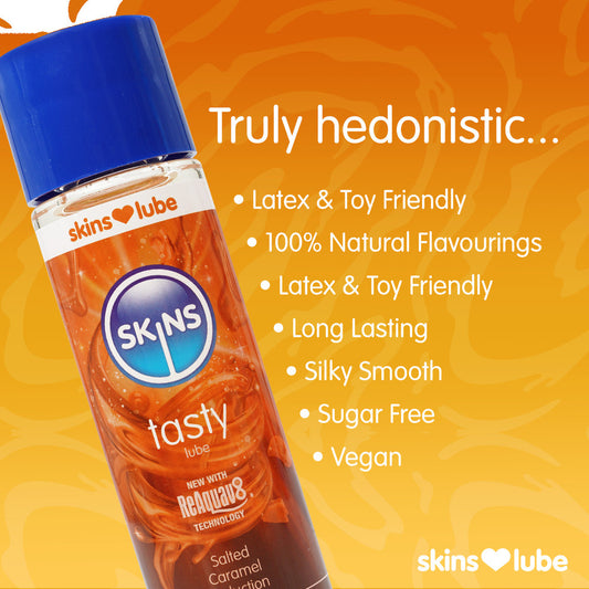 Skins Salted Caramel Seduction lubricant in a brown bottle, for intimate pleasure.