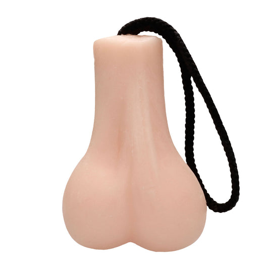 A pink, spherical soap on a rope from Shots Toys, a novelty item for adults.