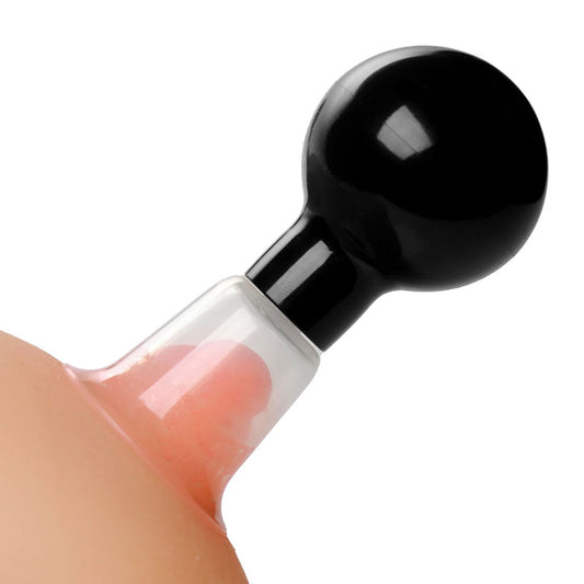Clear plastic nipple booster pumps, part of the female pumps collection, showing the size matters design.