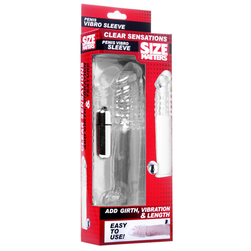 clear vibrating penis sleeve from size matters, showing ribbed texture and translucent material