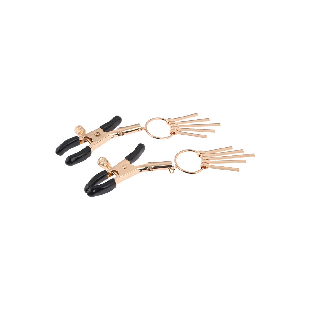 Sportsheets verge nipple clamps, silver metal with adjustable screws for playful bedroom fun.