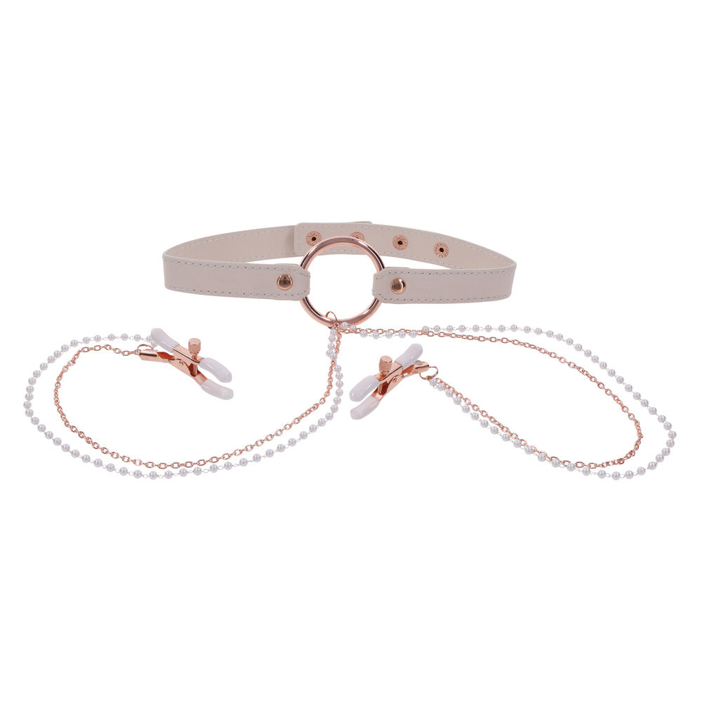 Sportsheets sex and mischief collar with attached silver nipple clamps for playful bondage.