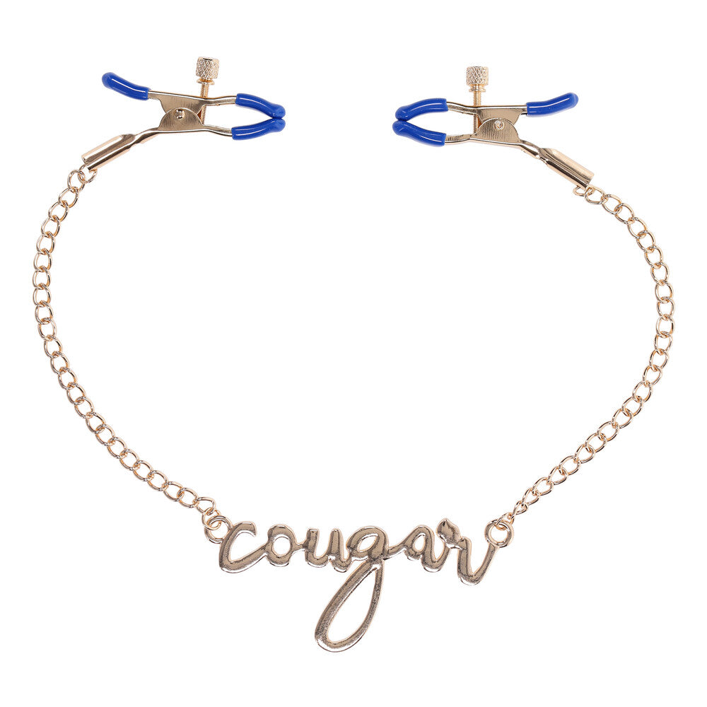 Close-up of the Sportsheets cougar nipple clamps, metal finish, for adult play.