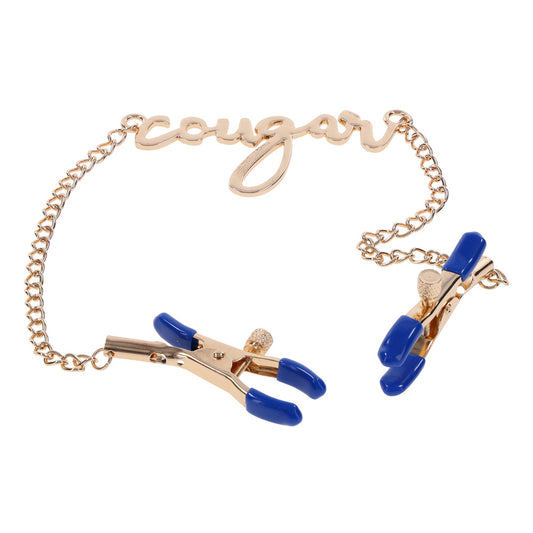 Sportsheets cougar nipple clamps in shiny silver metal, designed for intense sensual play.