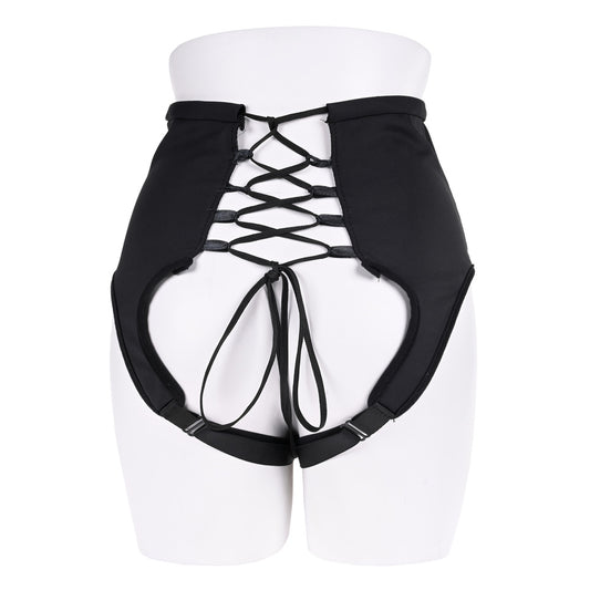 Sportsheets high waisted black corset style strap-on harness with adjustable straps.