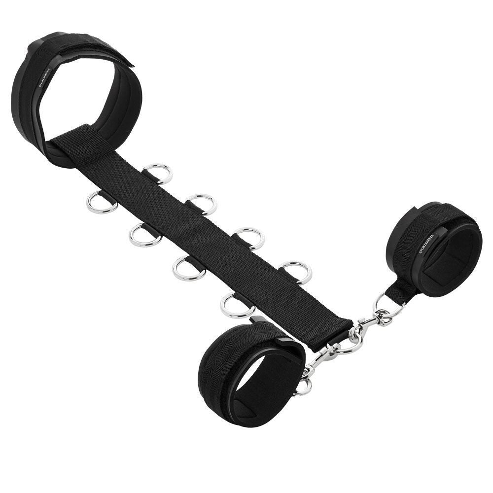 Sportsheets neck and wrist restraints, black nylon straps with metal o-rings for secure bondage play.