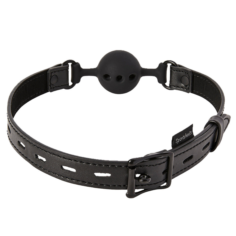 Saffron-coloured breathable ball gag from Sportsheets, used for breath play and restraint.