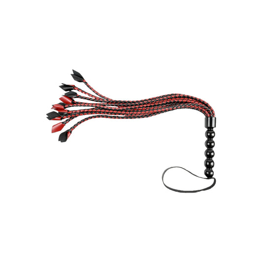 Saffron braided flogger, a kinky whip toy with a detailed woven handle.