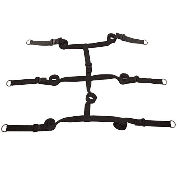 Sportsheets edge extreme under the bed restraints, black nylon straps with metal buckles, used for bedroom play.