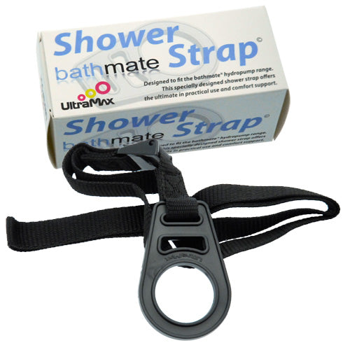 Bathmate shower strap in black; use to secure your penis pump in the shower.