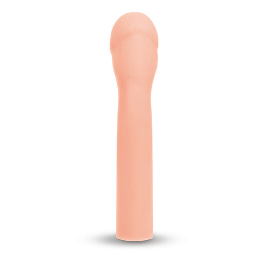 Close-up of the size up 3-inch penis extender showing its flexible, clear silicone construction.